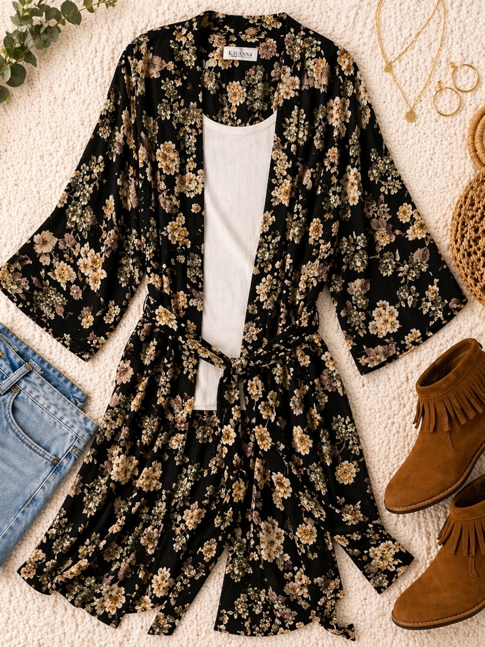 Kayanna Floral Kimono Robe Black Boho Tie Waist Medium